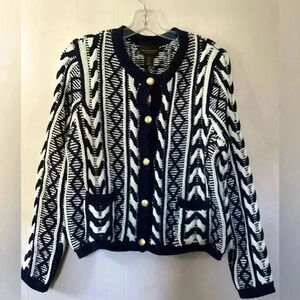 NWT Martha Stewart Cable knit Cardigan Size Large white& navy blue Cotton Blend